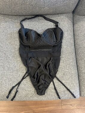 Victoria’s Secret Black Mesh Bustier One-Piece Lingerie with Garter Straps